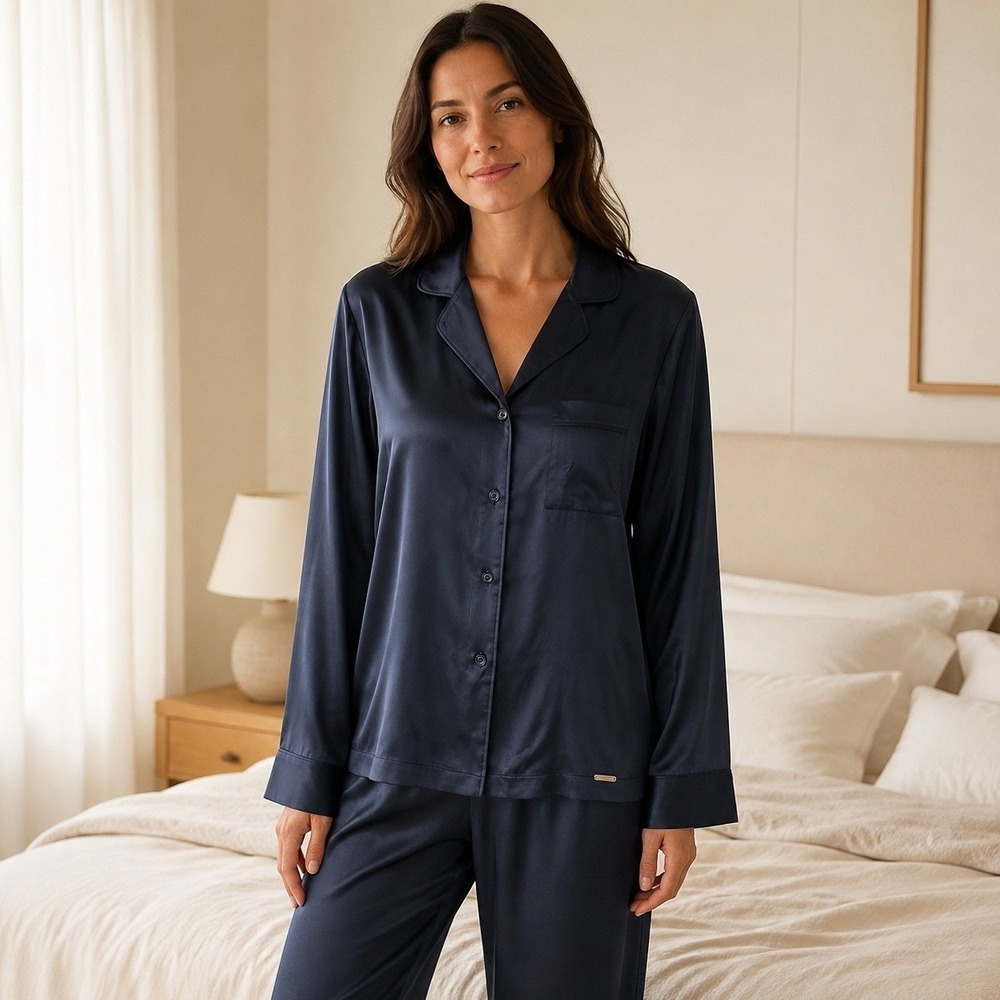 Cozy Earth Serenity Silk Classic Long Sleeve Pajama Top Navy Blue Small NEW